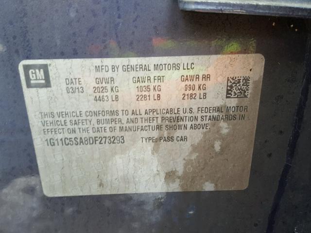 1G11C5SA8DF273293 - 2013 CHEVROLET MALIBU 1LT BLUE photo 10