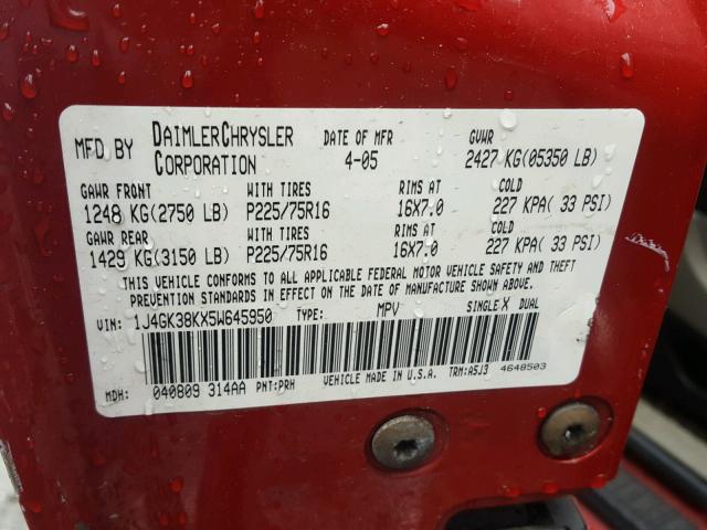 1J4GK38KX5W645950 - 2005 JEEP LIBERTY RE RED photo 10