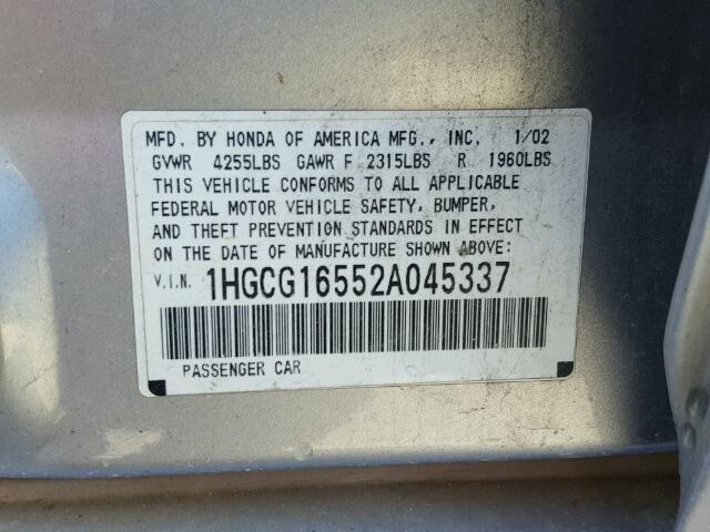 1HGCG16552A045337 - 2002 HONDA ACCORD EX SILVER photo 10