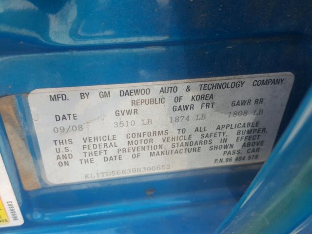 KL1TD56E39B390652 - 2009 CHEVROLET AVEO LS TEAL photo 10