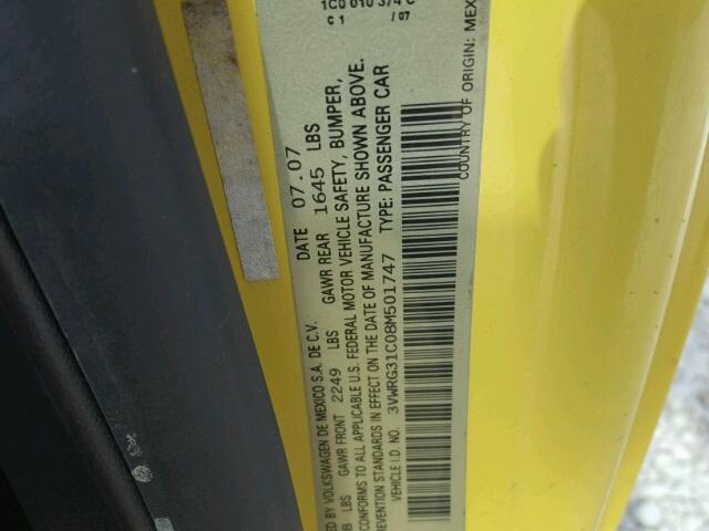 3VWRG31C08M501747 - 2008 VOLKSWAGEN NEW BEETLE ყვითელი ფოტო 10
