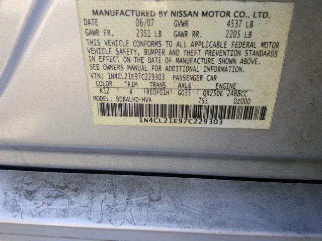 1N4CL21E97C229303 - 2007 NISSAN ALTIMA HYB SILVER photo 10