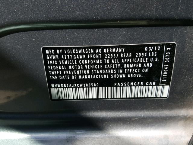 WVWDB7AJXCW289580 - 2012 VOLKSWAGEN GOLF 灰色 照片 10