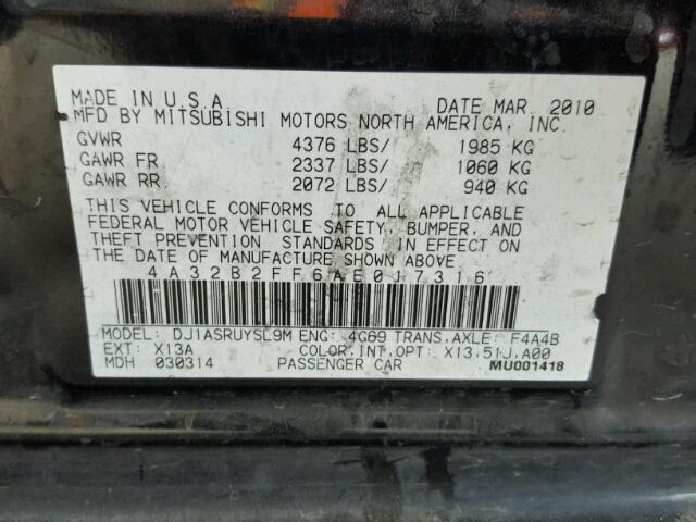 4A32B2FF6AE017316 - 2010 MITSUBISHI GALANT FE BLACK photo 10