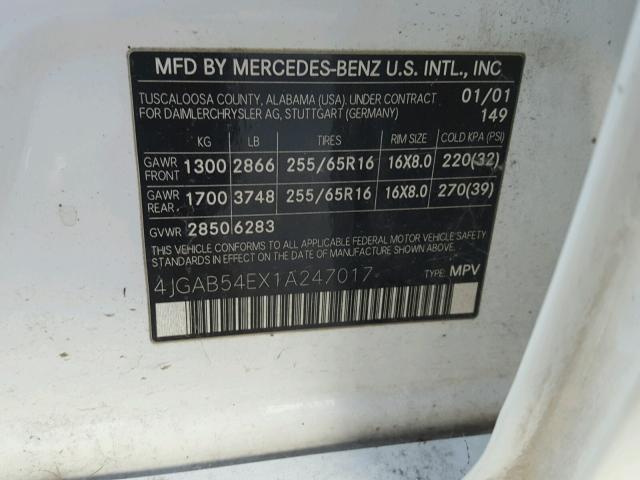 4JGAB54EX1A247017 - 2001 MERCEDES-BENZ ML 320 WHITE photo 10