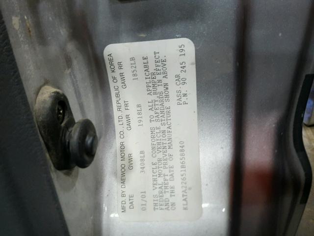 KLATA22651B658840 - 2001 DAEWOO LANOS S Plata foto 10