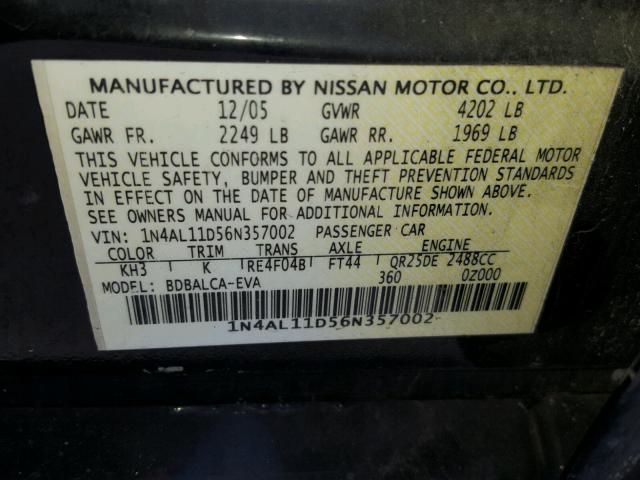 1N4AL11D56N357002 - 2006 NISSAN ALTIMA S BLACK photo 10