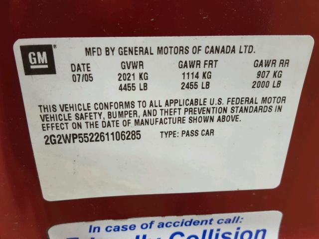 2G2WP552261106285 - 2006 PONTIAC GRAND PRIX MAROON photo 10