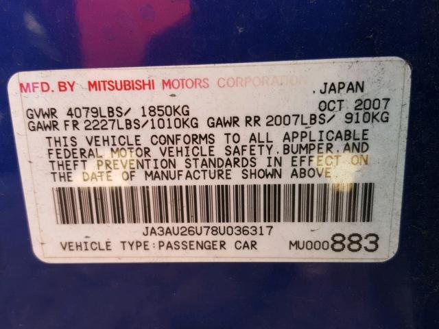 JA3AU26U78U036317 - 2008 MITSUBISHI LANCER ES BLUE photo 10