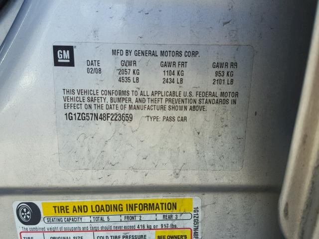 1G1ZG57N48F223659 - 2008 CHEVROLET MALIBU LS ვერცხლისფერი ფოტო 10