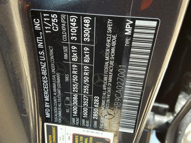 4JGDA5HB9CA027001 - 2012 MERCEDES-BENZ ML 350 4MA GRAY photo 10