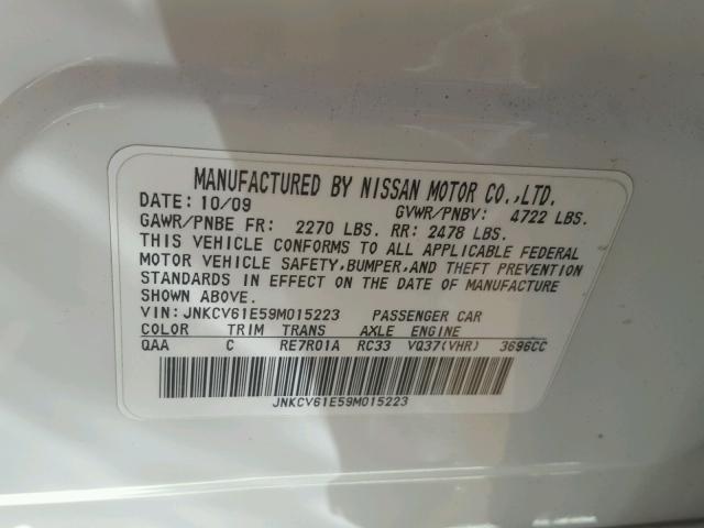 JNKCV61E59M015223 - 2009 INFINITI G37 BASE WHITE photo 10