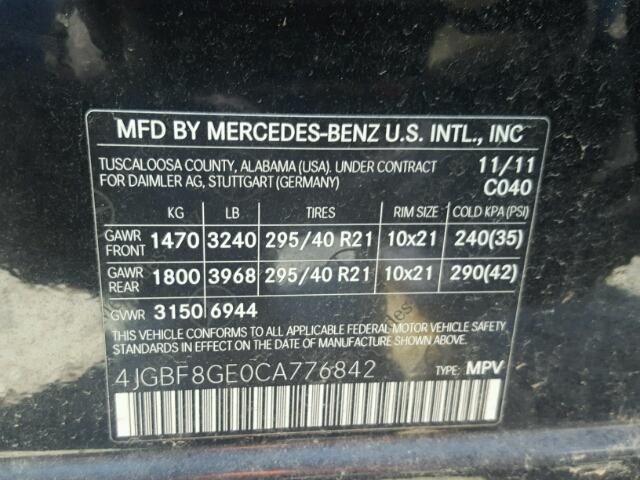 4JGBF8GE0CA776842 - 2012 MERCEDES-BENZ GL 550 4MA BLACK photo 10