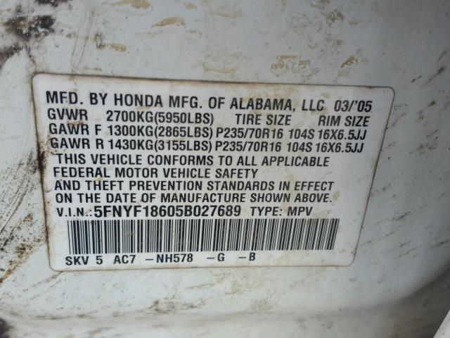 5FNYF18605B027689 - 2005 HONDA PILOT EXL WHITE photo 10