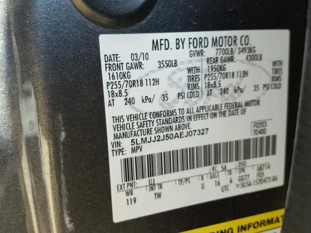 5LMJJ2J50AEJ07327 - 2010 LINCOLN NAVIGATOR 灰色 照片 10