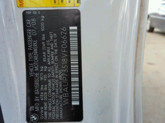 WBAUP73518VF06626 - 2008 BMW 128 I WHITE photo 10