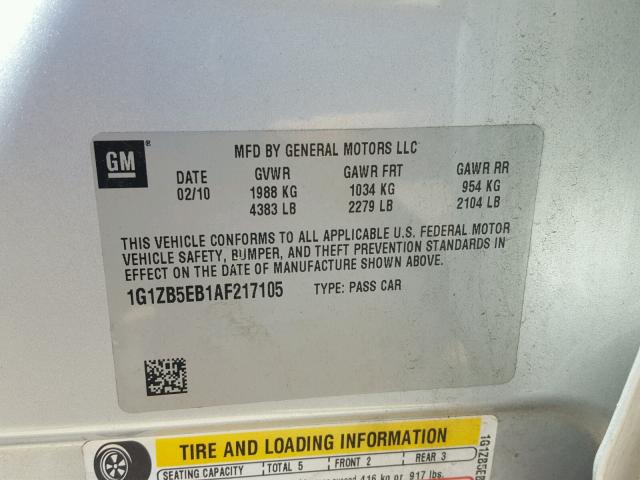 1G1ZB5EB1AF217105 - 2010 CHEVROLET MALIBU LS 银色 照片 10