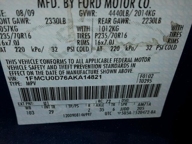 1FMCU0D76AKA14821 - 2010 FORD ESCAPE XLT BLUE photo 10