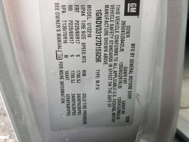 1GNDV33127D159296 - 2007 CHEVROLET UPLANDER L 银色 照片 10