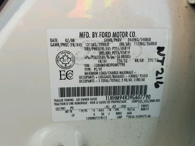 1LNHM94R39G607790 - 2009 LINCOLN MKS WHITE photo 10