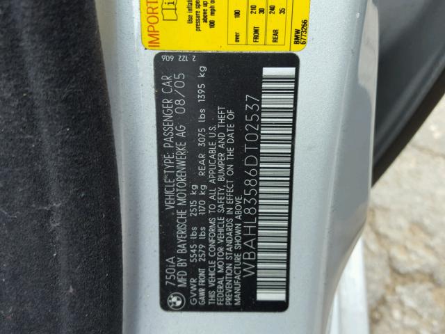 WBAHL83586DT02537 - 2006 BMW 750 I SILVER photo 10