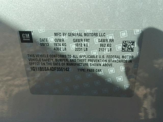 1G11B5SA4DF356142 - 2013 CHEVROLET MALIBU LS ვერცხლისფერი ფოტო 10