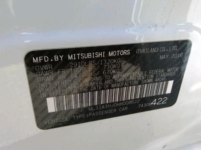 ML32A3HJ0HH008622 - 2017 MITSUBISHI MIRAGE ES WHITE photo 10