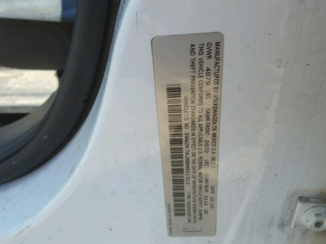 3VW2K7AJ8BM051312 - 2011 VOLKSWAGEN JETTA BASE 白色 照片 10