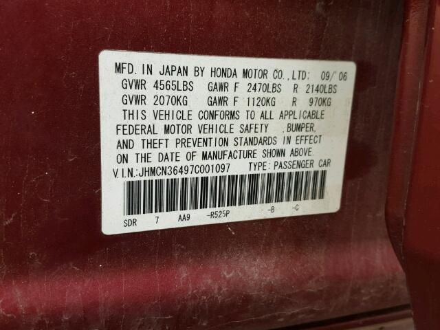 JHMCN36497C001097 - 2007 HONDA ACCORD HYB RED photo 10