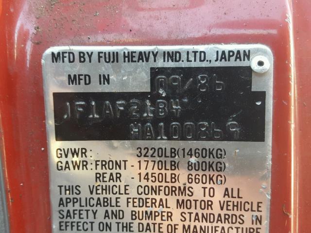 JF1AF21B4HA100869 - 1987 SUBARU STANDARD RED photo 10