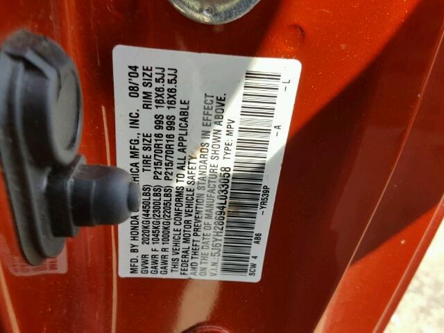 5J6YH28694L033058 - 2004 HONDA ELEMENT EX ORANGE photo 10