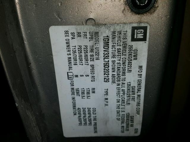 1GMDV33L76D202129 - 2006 PONTIAC MONTANA SV TAN photo 10