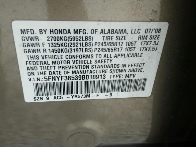 5FNYF38539B010913 - 2009 HONDA PILOT EXL TAN photo 10