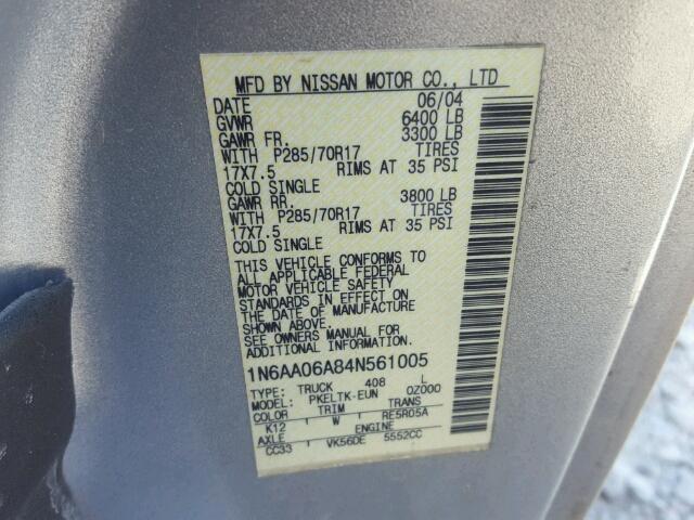 1N6AA06A84N561005 - 2004 NISSAN TITAN XE SILVER photo 10