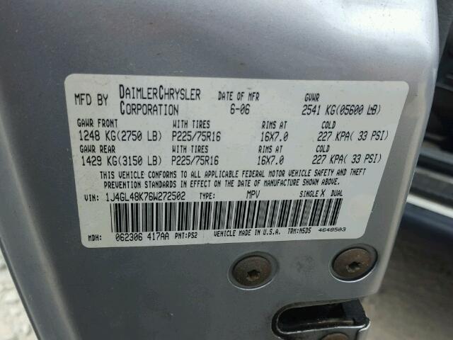 1J4GL48K76W272502 - 2006 JEEP LIBERTY SILVER photo 10