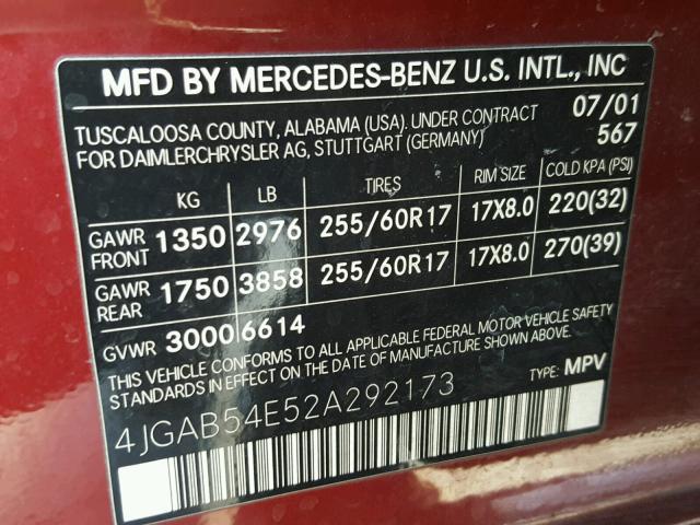 4JGAB54E52A292173 - 2002 MERCEDES-BENZ ML 320 BURGUNDY photo 10