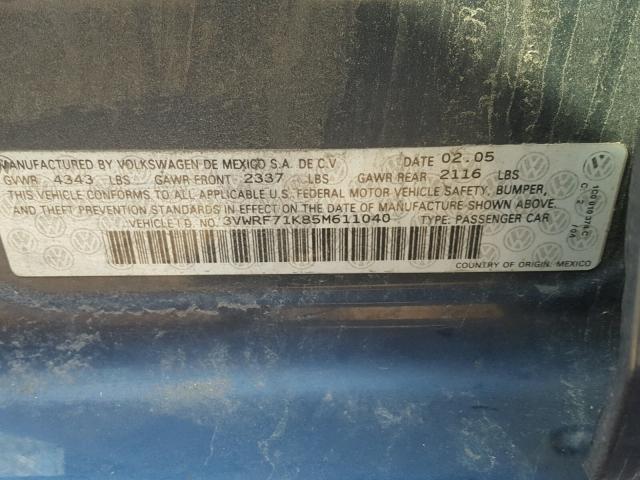 3VWRF71K85M611040 - 2005 VOLKSWAGEN NEW JETTA BLUE photo 10