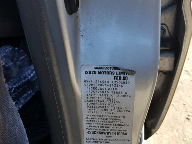 4S6CK58W8Y4410064 - 2000 HONDA PASSPORT E SILVER photo 10