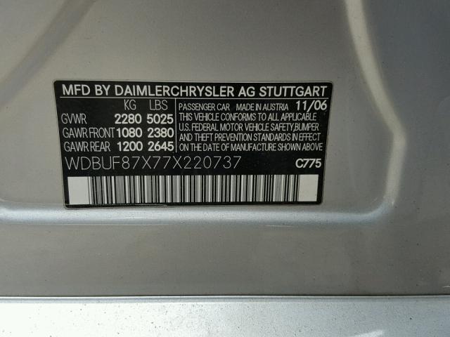 WDBUF87X77X220737 - 2007 MERCEDES-BENZ E 350 4MAT SILVER photo 10