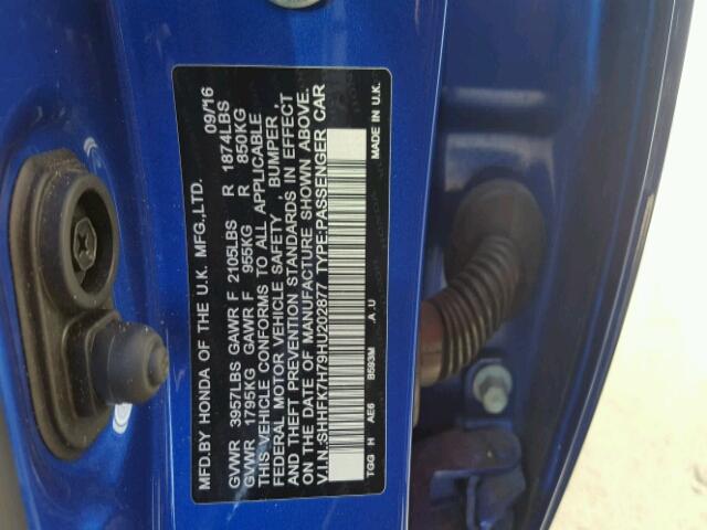 SHHFK7H79HU202877 - 2017 HONDA CIVIC EXL BLUE photo 10