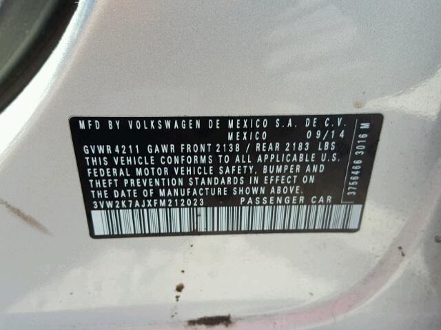 3VW2K7AJXFM212023 - 2015 VOLKSWAGEN JETTA BASE 灰色 照片 10