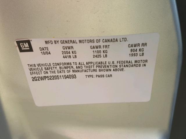 2G2WP522051194093 - 2005 PONTIAC GRAND PRIX SILVER photo 10