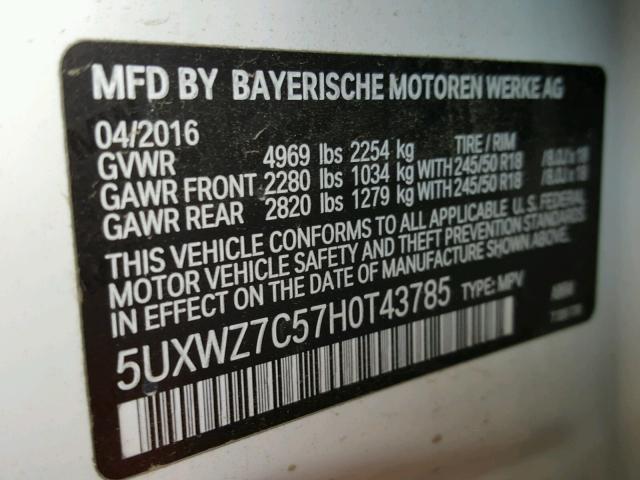 5UXWZ7C57H0T43785 - 2017 BMW X3 SDRIVE2 WHITE photo 10