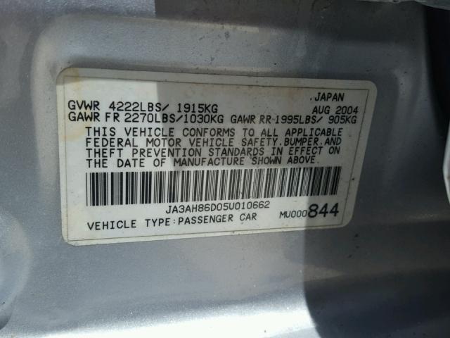 JA3AH86D05U010662 - 2005 MITSUBISHI LANCER EVO SILVER photo 10