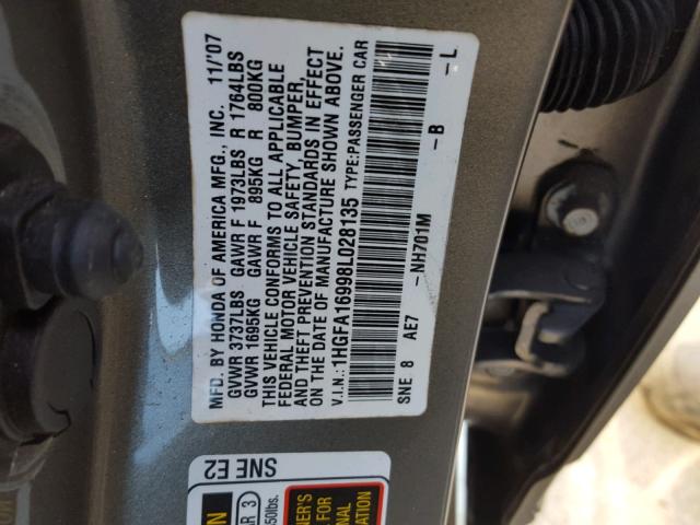 1HGFA16998L028135 - 2008 HONDA CIVIC EXL GRAY photo 10