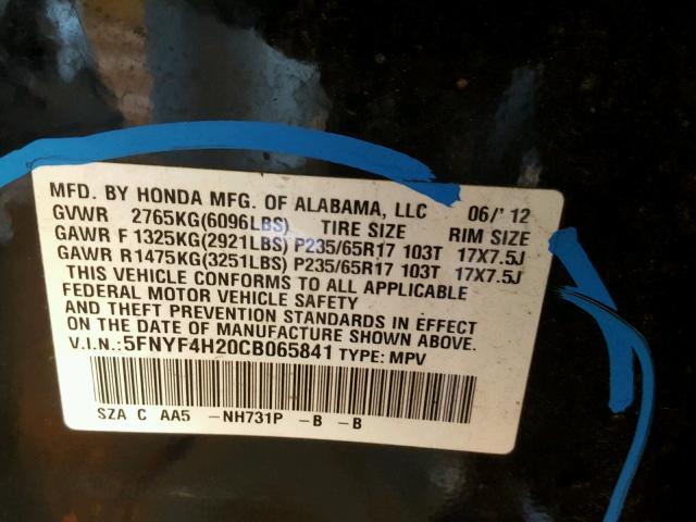 5FNYF4H20CB065841 - 2012 HONDA PILOT LX BLACK photo 10