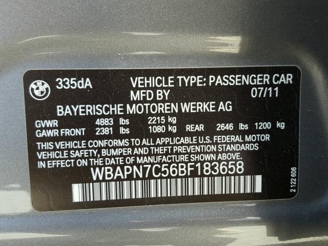 WBAPN7C56BF183658 - 2011 BMW 335 D GRAY photo 10
