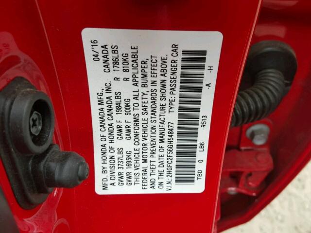 2HGFC2F56GH548477 - 2016 HONDA CIVIC RED photo 10