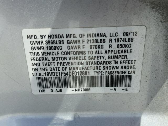 19VDE1F54DE012881 - 2013 ACURA ILX 20 PRE SILVER photo 10