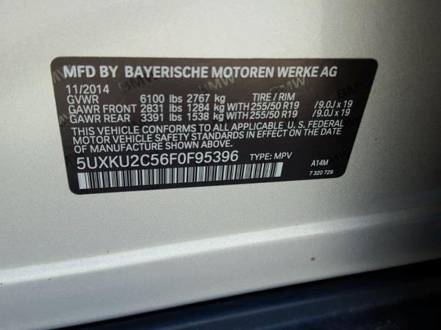 5UXKU2C56F0F95396 - 2015 BMW X6 XDRIVE3 SILVER photo 10